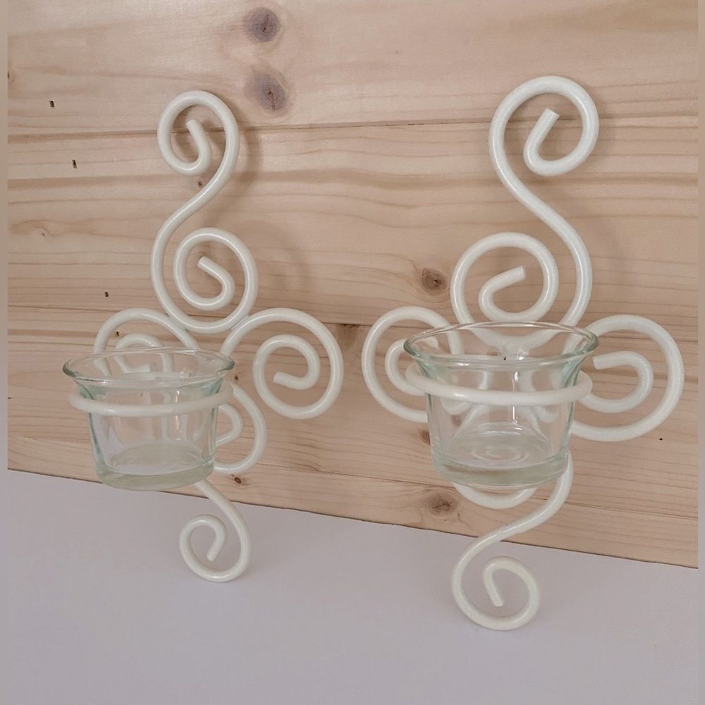 Wall Sconces Wrought Iron Ivory Beige Set of 2 with Glass Tea Light Holder
